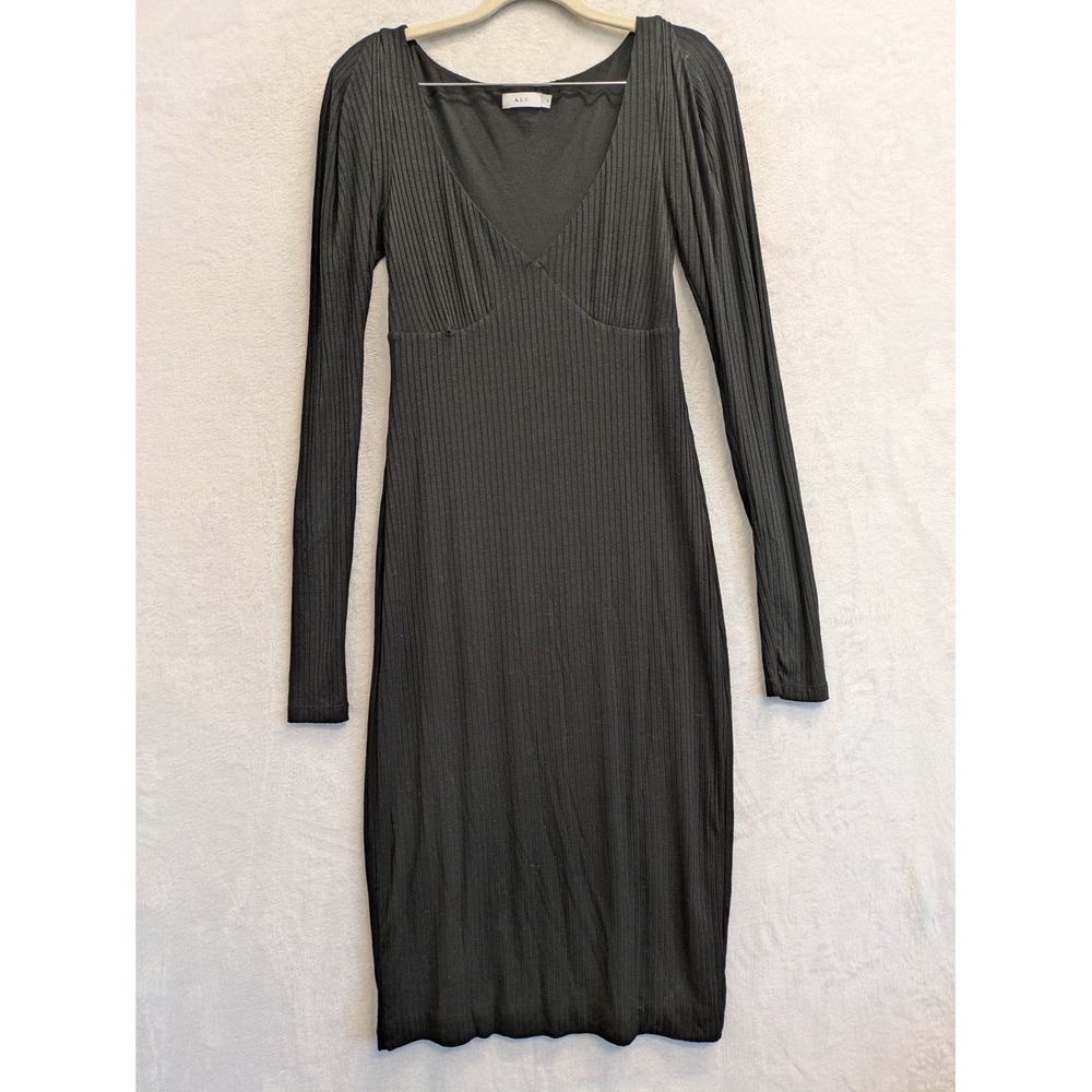 ALC Black Ribbed Knit V Neck‎ Long Sleeve Midi Dress Size S